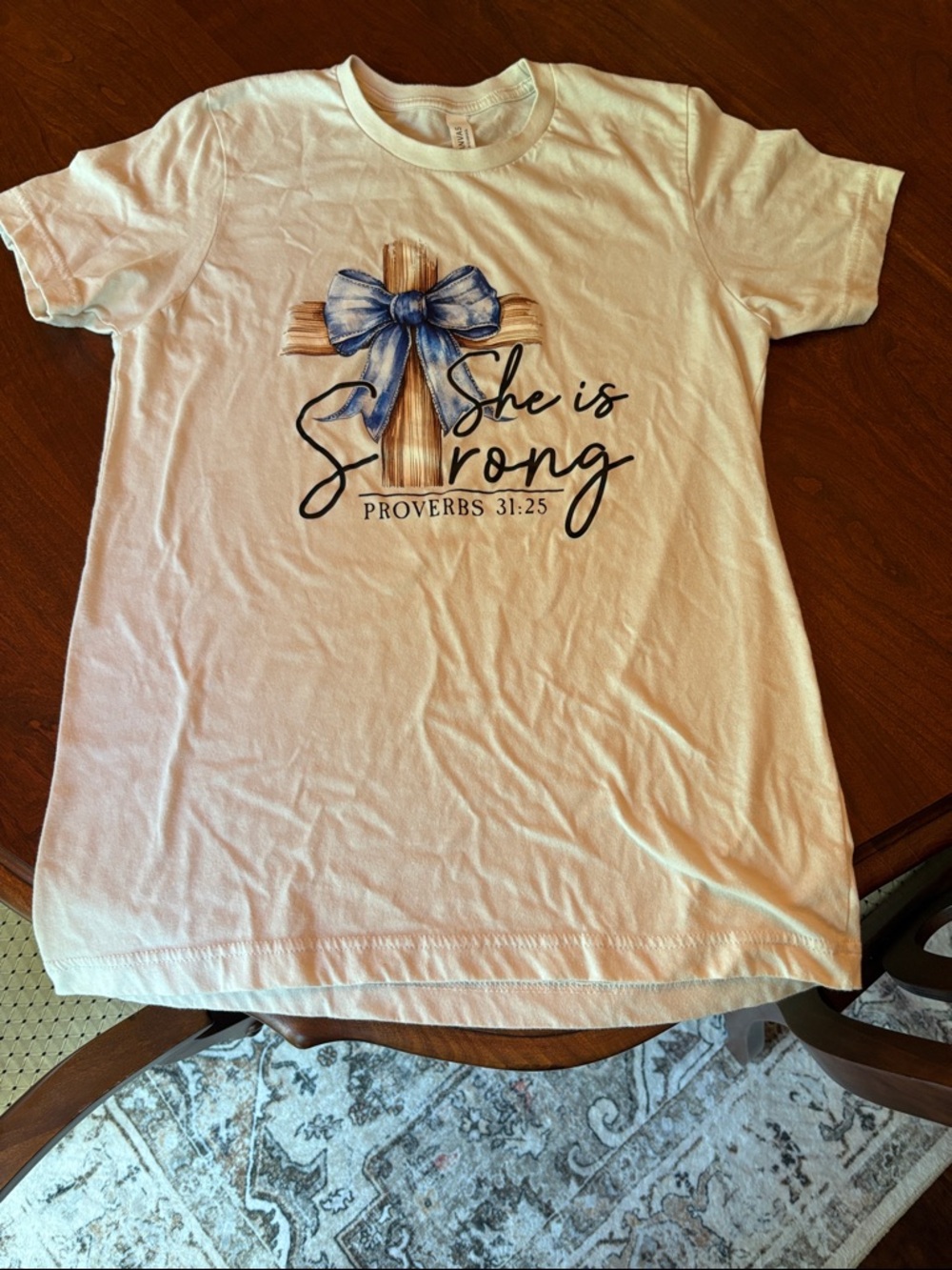 Bella Canvas White Tee with Wooden Cross and Blue Bow